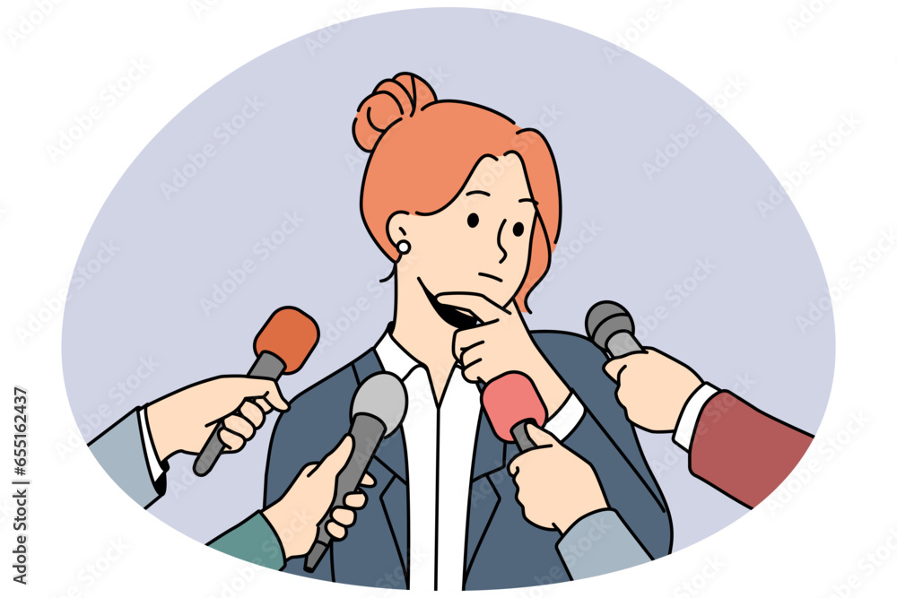Pensive female politician thinking talking with reporters or journalists. Woman speaker have interview speak in microphones at conference. Vector illustration. - obrazy, fototapety, plakaty 