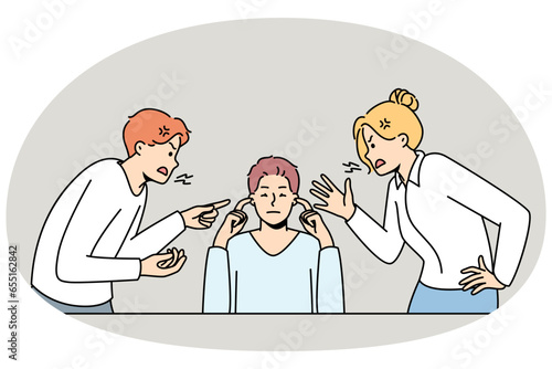 Man close ears ignore loud screaming colleagues shouting and lecturing. Calm ignorant male distracted from coworkers yelling. Stress free. Vector illustration.