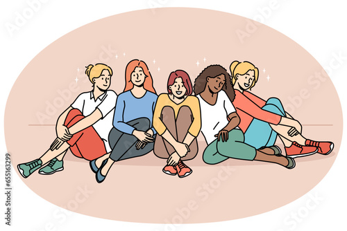 Smiling multiracial diverse women sit together show unity and support. Happy multiethnic interracial girls have fun relax. Togetherness and friendship. Vector illustration.