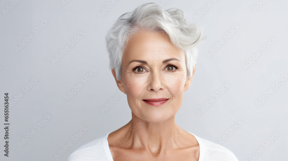 Naklejka premium Beautiful gorgeous 50s mid aged mature woman looking at camera isolated on white. Mature old lady close up portrait. Healthy face skin care beauty, middle age skincare cosmetics, cosmetology concept