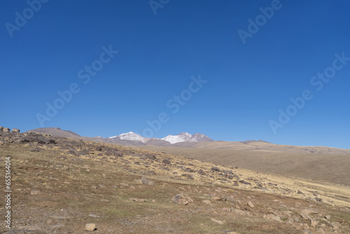Side view from a car durinng trip on Aragats Mountain in Armenia in october
