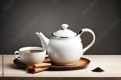 Tea concept with white tea set of cups and teapot ...