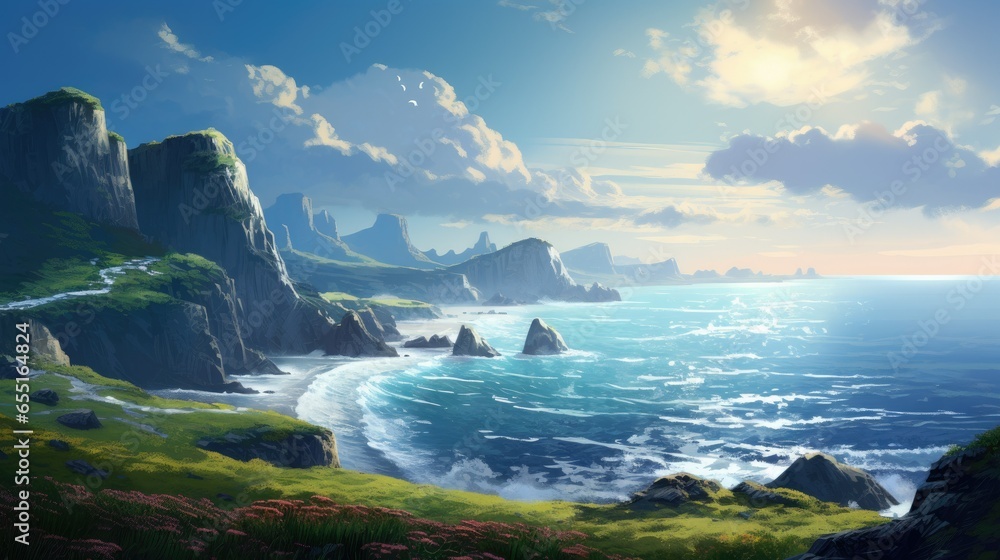 A coastal ocean landscape with steep rocks and a stunning view of the horizon - generative AI