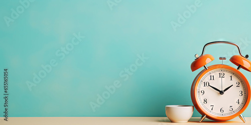 Vintage alarm clock and cup of coffee on the uniform pastel backdrop with a copy space. Generative AI