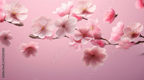 Fresh pink flowers falling in the air on pink background, levitation, spring flowers conception - generative AI