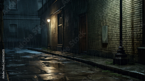 A damp alleyway with a single streetlight, rain dripping off the edges