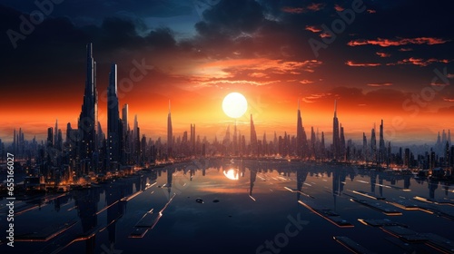 Photo of a futuristic urban sunrise landscape - generative AI