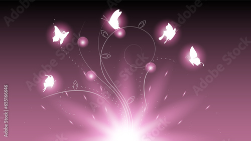 Abstract Dark Background With Butterflies Insects Glow Light Shine Flashes Vector Design Style