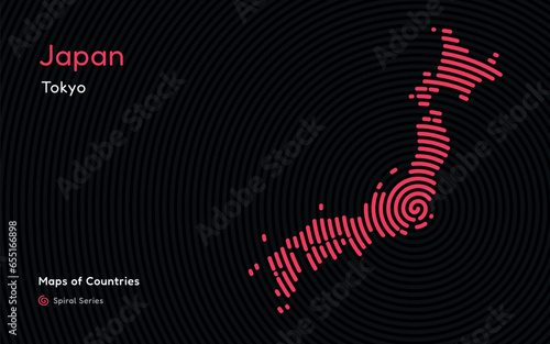 Creative map of japan. Political map. Tokyo. Capital. World Countries vector maps series. Spiral fingerprint series black 