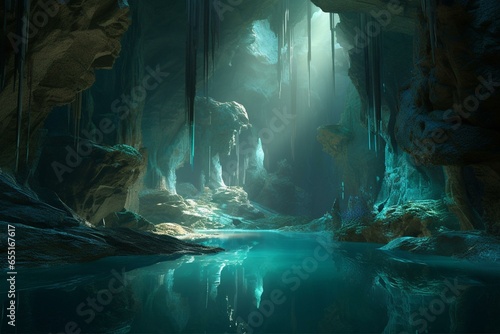 Stunning sight of celestial grotto adorned with unique rock formations and transparent aqua. Digital art. Generative AI
