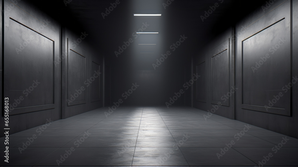 A dark, grey hallway, with a few small lights glowing at the end, and a single door visible in the distance