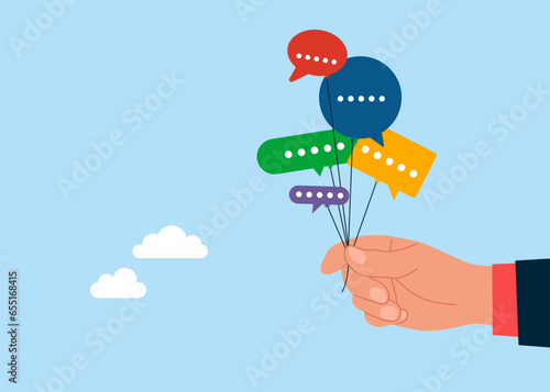 Hand holding speech bubble balloons. Communication and media. Flat vector illustration