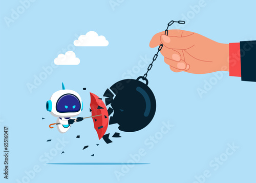 IT defense. Cyborg with umbrella which protects from a collision with a broken wrecking ball. 