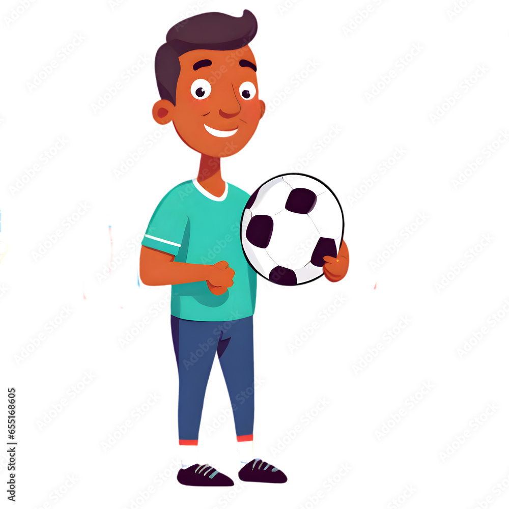 Male cartoon character  illustration art holding a soccer ball with a transparent background generative AI.