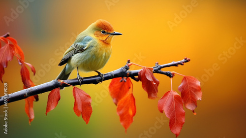 紅葉した木の枝にとまる小鳥