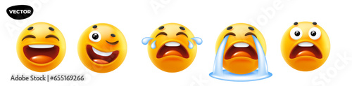 3d vector style design of funny set of emoji with tongue, sad tear and smile for social media. Vector cool collection of illustration of happy fun yellow color emoticon with different emotion