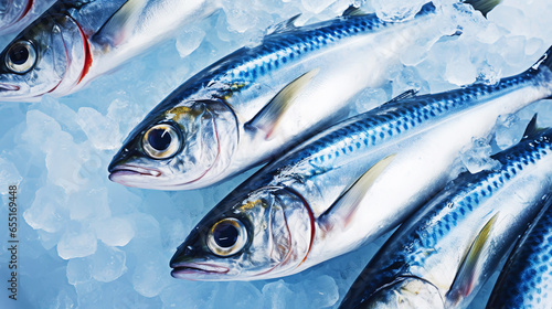 Fresh mackerel fish (Scomber scrombrus) on ice. Seafood background. Generative AI photo