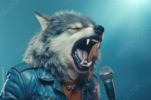 Singing wolf on the stage, AI generative art