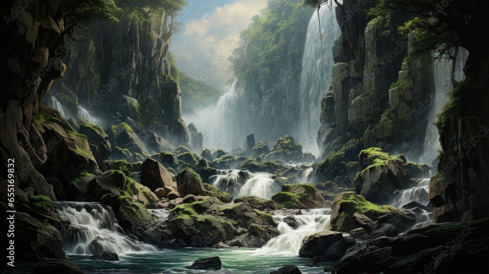 The waterfall cascades down the rocks. The waterfall cascades down the rocks.