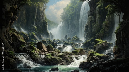 The waterfall cascades down the rocks. © DreamHappens