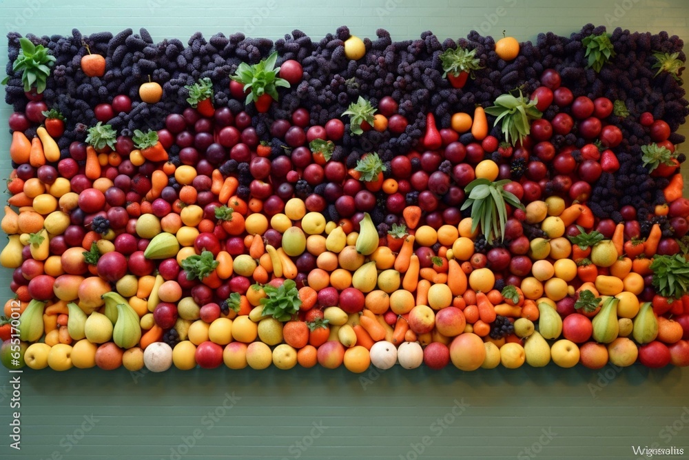 Various fruits arranged as a wall. Generative AI