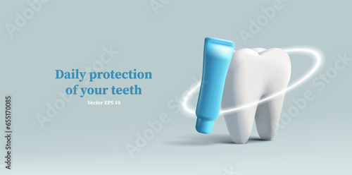 3D illustration of a tooth with tooth paste and protective shiny circle, dental care poster