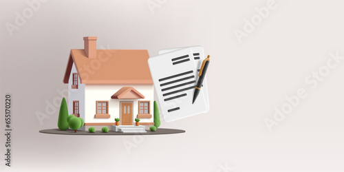 3d render vector illustration of house with contract papers icon for signature, real estate property investment, mortgage and leasing