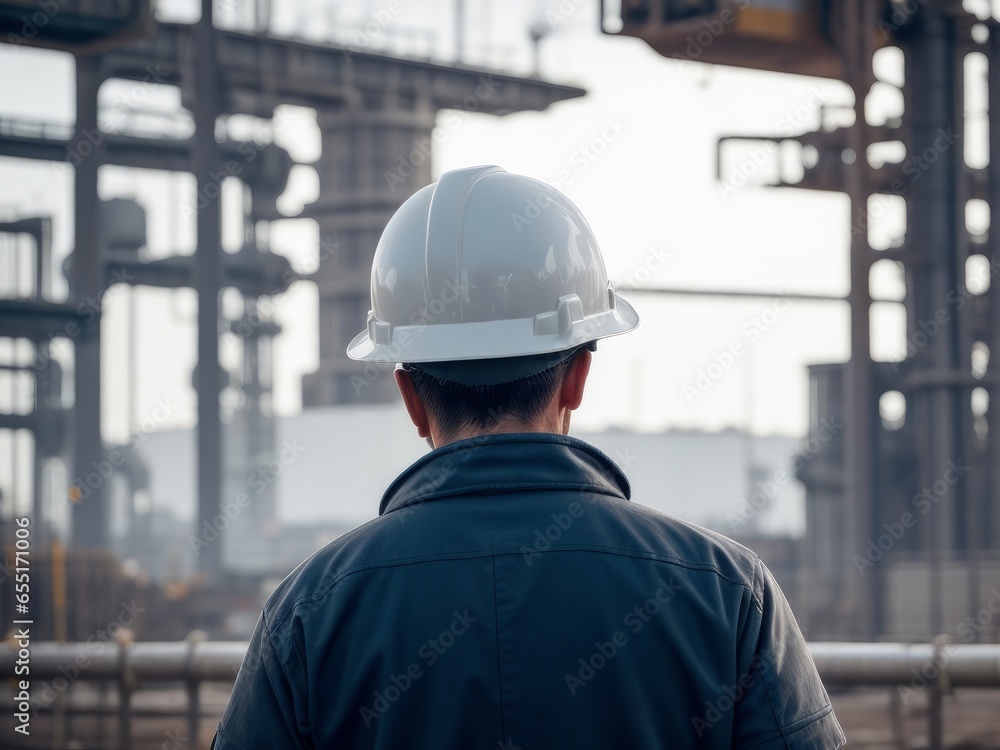 Rear View of Hard Hat-Wearing Man in Warehouse with Industrial Background, Industrial Worker, Blue-Collar Laborer with Industrial Background, Rear View of Man in Hard Hat Rear View of Hard Hat-Wearing Man in Warehouse with Industrial Background, Industrial Worker, Blue-Collar Laborer with Industrial Background, Rear View of Man in Hard Hat