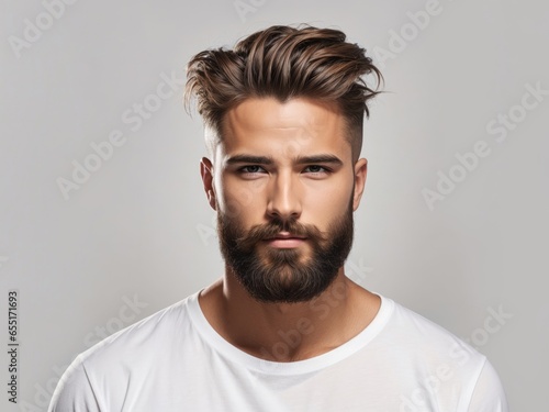 Stylish Man with Fresh Hair, Beard, and Strong Jawline,Handsome Man with Stylish Hair, Beard, and Strong Jawline,Trendy Male Model: Fresh Hair and Beard on Isolated White © Paper