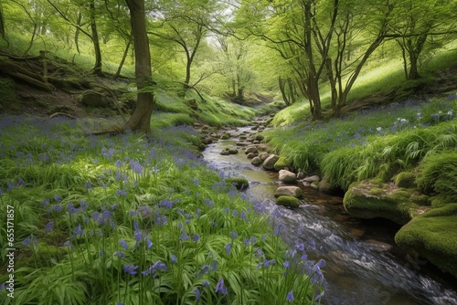 Captivating woodland scenery  showcasing the allure of a bluebell meadow  gentle brook  and lush stones using a wide-angle camera and stand. Generative AI