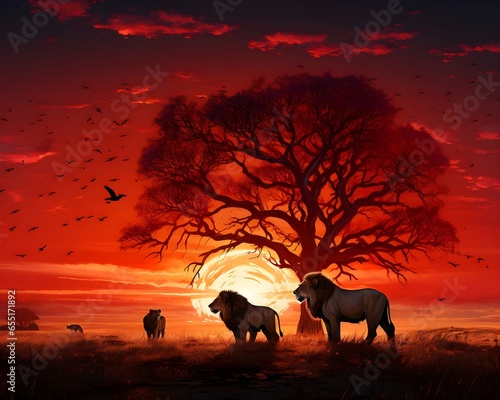 wild African lions in a beautiful orange sunset, desert forest background