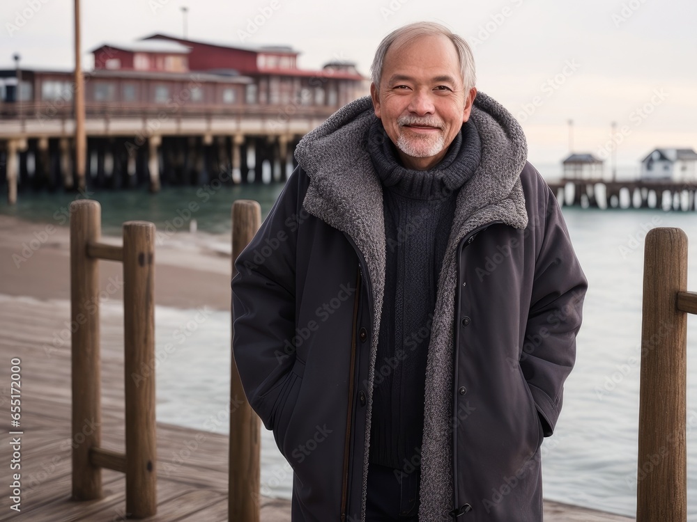 Glad 50s Man in Cozy Winter Coat at Beach Pier, Happy Guy in Warm Coat at the Pier, Man in Cozy Outerwear on Beachfront Glad 50s Man in Cozy Winter Coat at Beach Pier, Happy Guy in Warm Coat at the Pier, Man in Cozy Outerwear on Beachfront