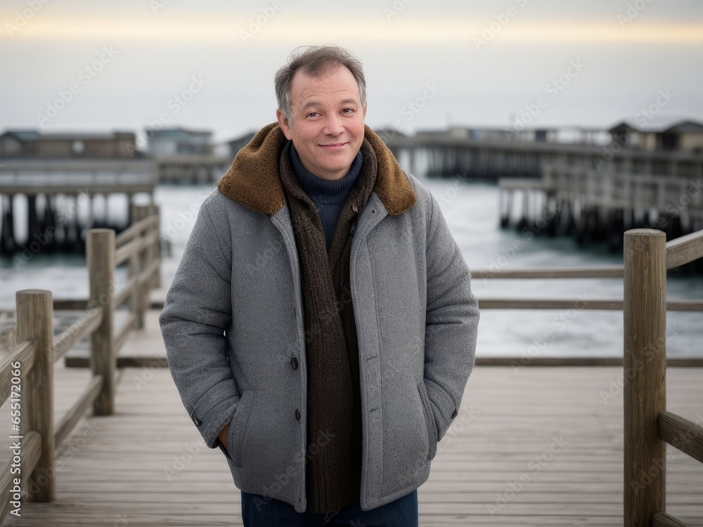 Glad 50s Man in Cozy Winter Coat at Beach Pier, Happy Guy in Warm Coat at the Pier, Man in Cozy Outerwear on Beachfront