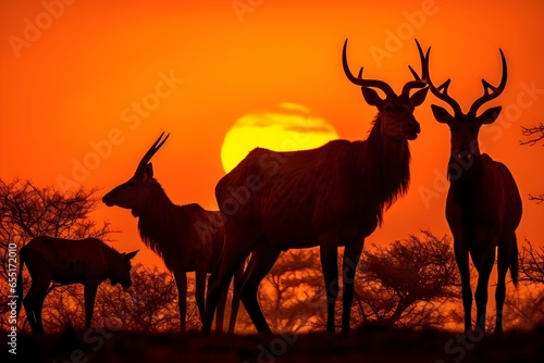 wild African deer in a beautiful orange sunset  desert forest background