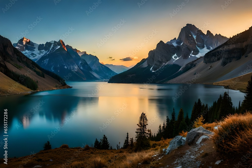 Beautiful nature landscape with mountains and lake.AI generated