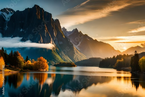 Beautiful nature landscape with mountains and lake.AI generated © Ammad