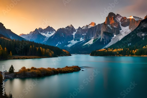Beautiful nature landscape with mountains and lake.AI generated © Ammad