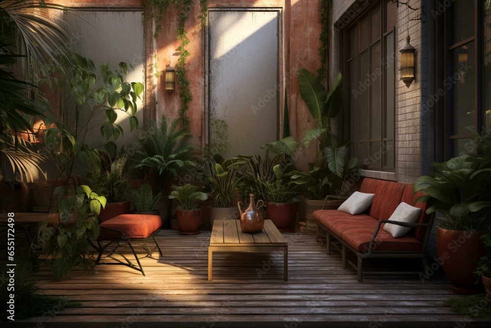 an outdoor seating area with furniture and plants, including a potted plant, adjacent to a doorway leading to a similar seating area. Generative AI