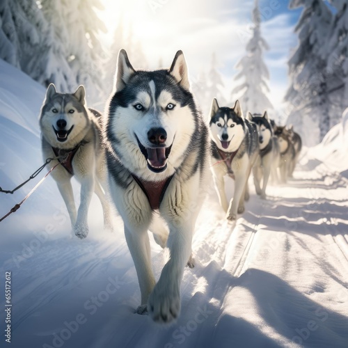 Husky dogs pulling a sled © cherezoff