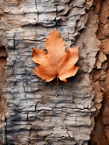 Leaf on the bark. Naturalistic background. Autumn colors. Brown and dark orange colors