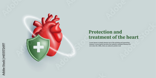 Realistic heart illustration with shield icon and protective circle, 3d render illustration