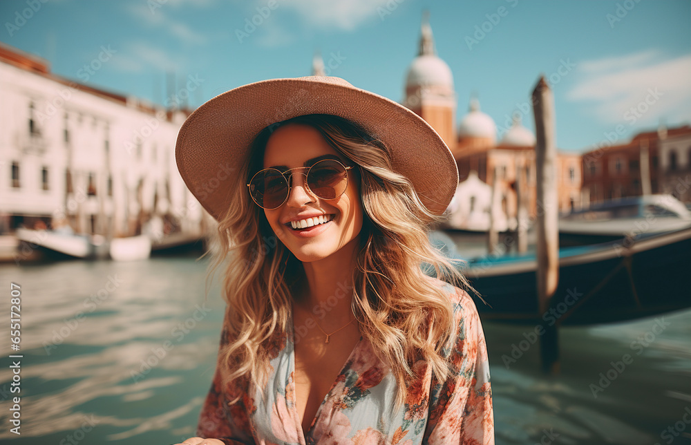 Young woman near Grand Canal in Venice, Italy. Happy young tourist posing against the background of Grand Canal in Venice, Italy. Famous Grand Canal in Venice.