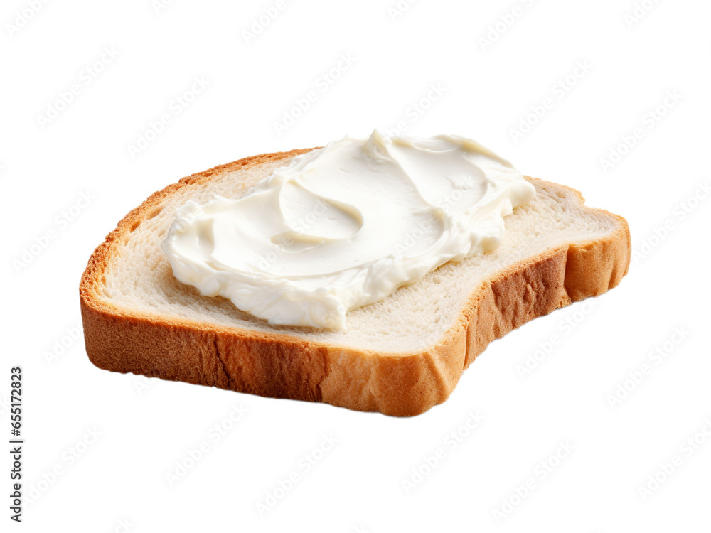 Slice of a bread with cream cheese, isolated on white background