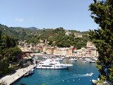 Aerial panoramic view of picturesque harbour of Portofino fishing village on the Italian Riviera, Liguria, Italy