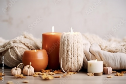 Autumn table decoration. Interior decor for fall holidays with handmade pumpkins and candles. Holiday greeting card, generative ai