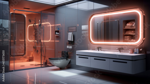 A futuristic bathroom with smart mirrors, a virtual reality shower experience, and walls that change color based on your mood