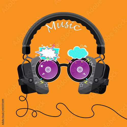 Lilac round frame glasses in a cartoon style with studio headphones on top. Poster, emblem, symbol. Vector illustration