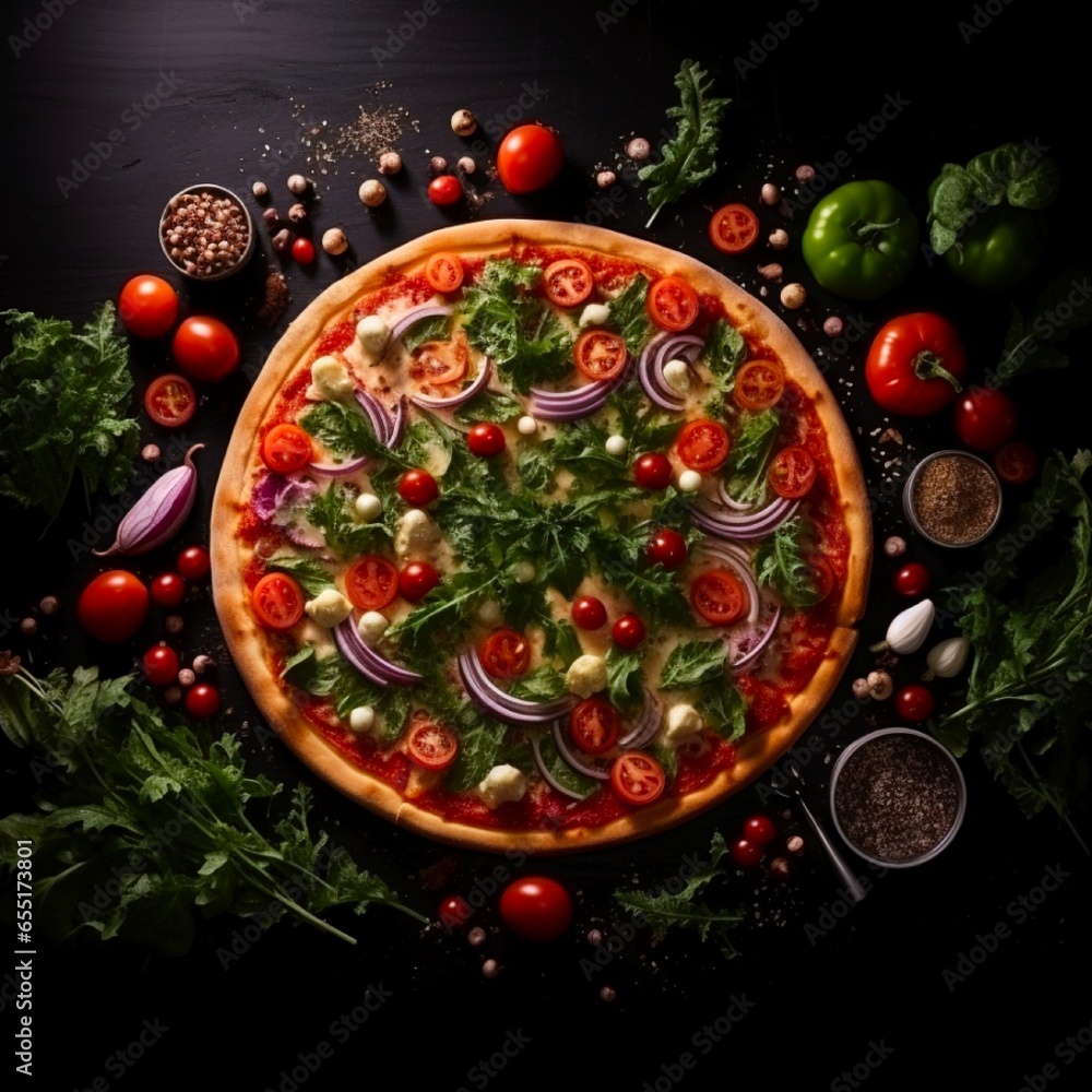 Circular frame made of fresh ingredients around delicious italian pizza over black counter Made with generative ai Circular frame made of fresh ingredients around delicious italian pizza over black counter Made with generative ai