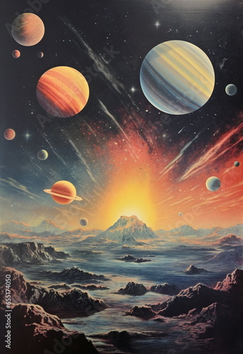 planets and distant volcano in sky of alien world, vintage lithograph print on textured cream paper