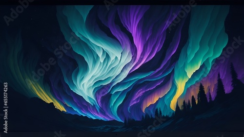  an abstract image inspired by the aurora borealis, featuring vivid and ethereal lights dancing across the night sky.